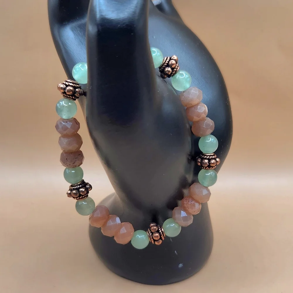 Peach Moonstone, Green Aventurine, and Copper Beaded Bracelet
